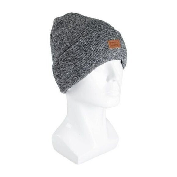 LEVI'S One Size Marl Grey All Season Leather Logo Patch Cuffed Knit BEANIE NWT - Picture 6 of 6